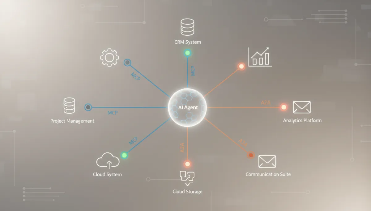 Diagram of AI agent connected to business tools with permissions managed through MCP and A2A Diagram of AI agent connected to business tools with permissions managed through MCP and A2A