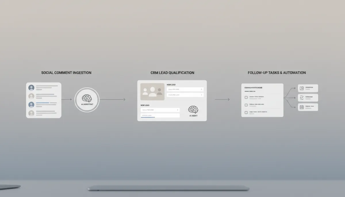 Neutral-toned dashboard mockup illustrating an AI agent workflow from social comment to CRM follow-up