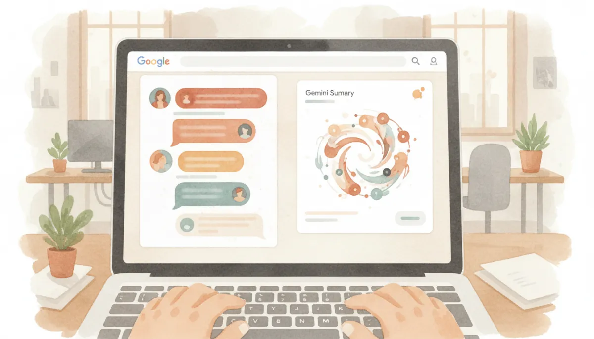 Laptop screen showing Gemini summarizing a Google Chat space