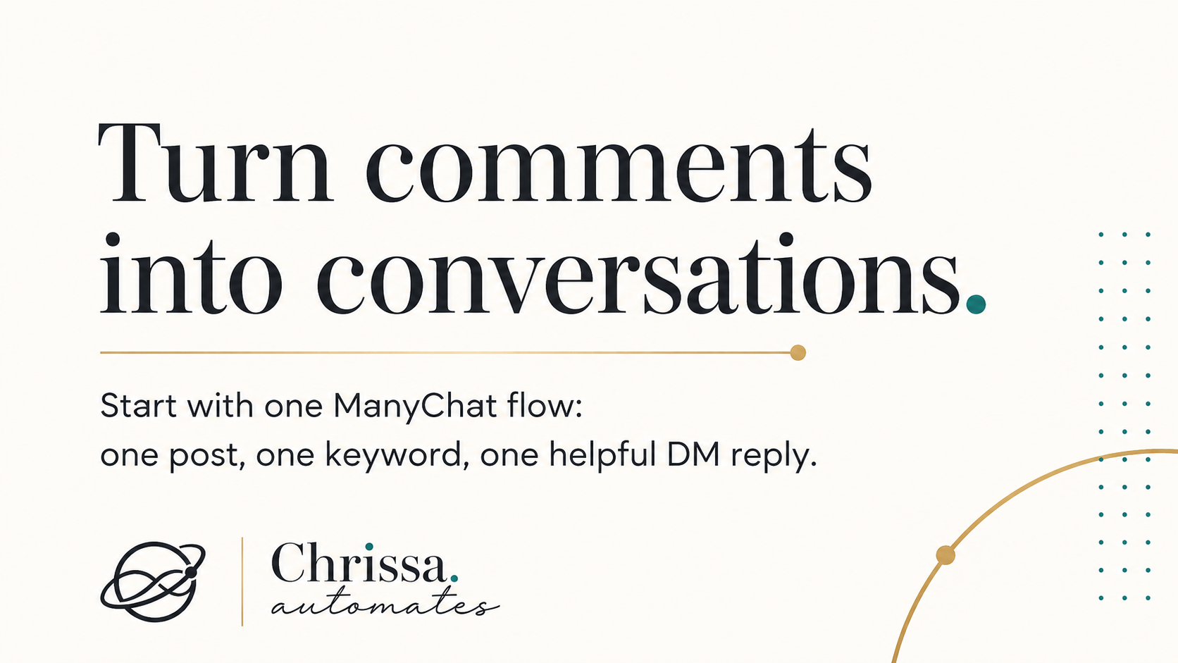Chrissa Automates blog graphic explaining ManyChat comment-to-DM automation for turning Instagram comments into DM conversations.